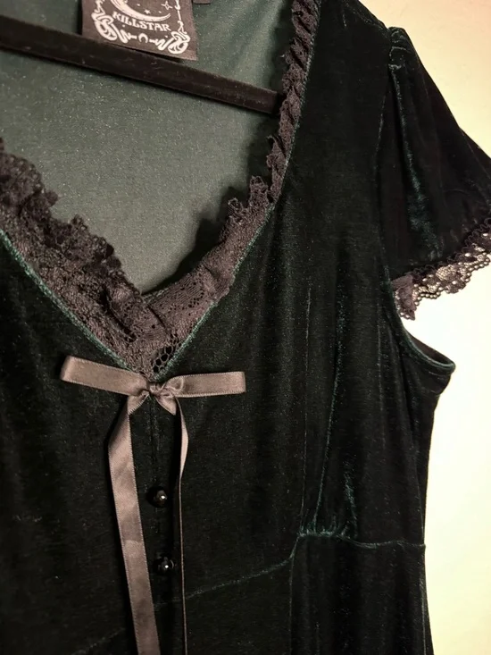 Killstar Dark Emerald Green Velvet Baby Doll Dress with Black Lace Trim - Picture 5 of 13